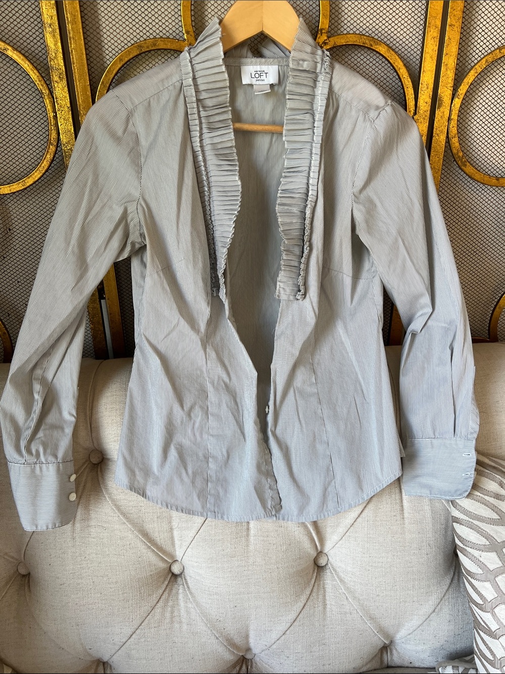 LOFT Light Gray Ruffled Collar Button-Front Blouse